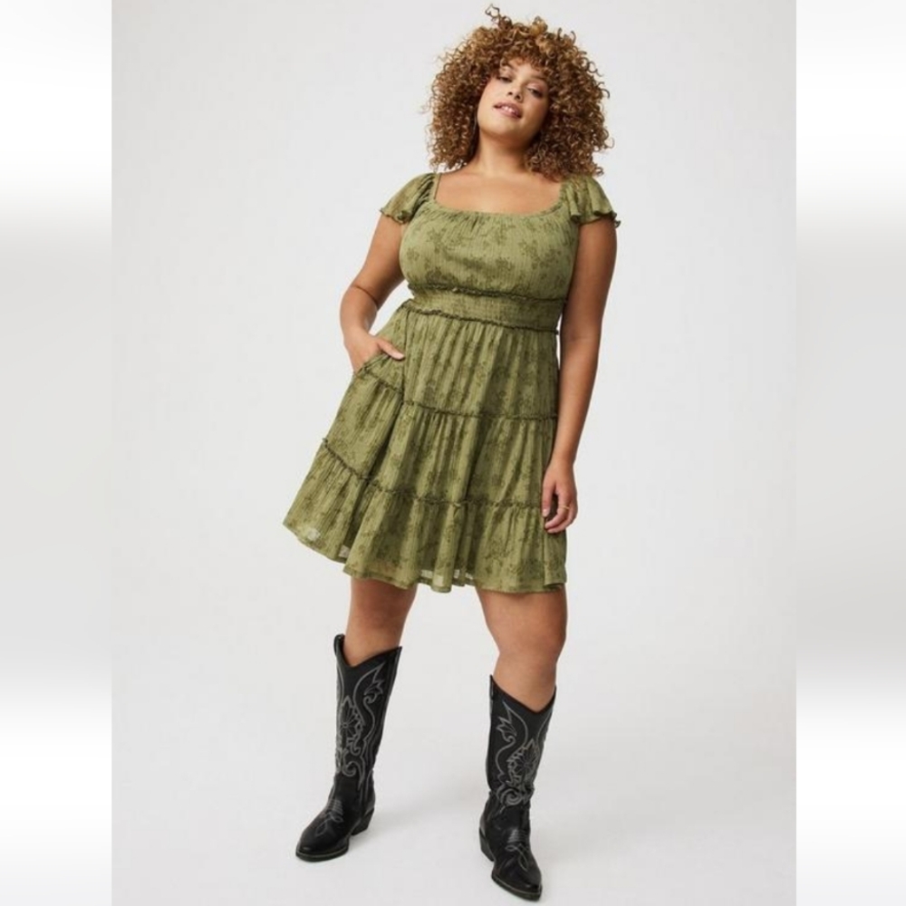 Torrid Olive Green Floral Gauze Flutter Sleeve Mini Dress 0 L 12